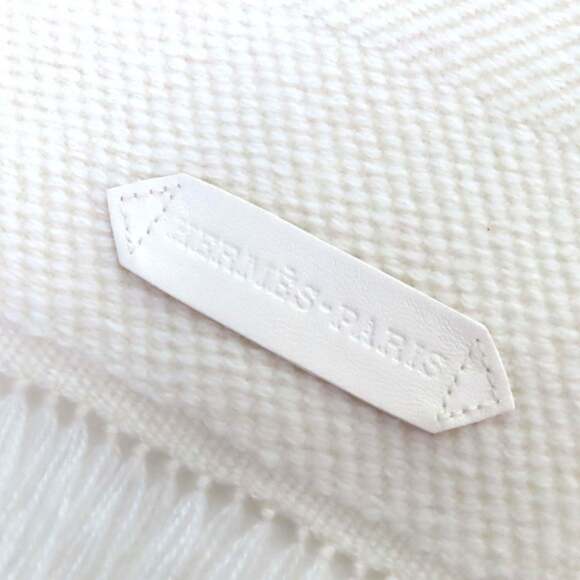 HERMES Chevron Zoom 100% Cashmere Fringe Shawl/Scarf with Leather Logo Patch,...